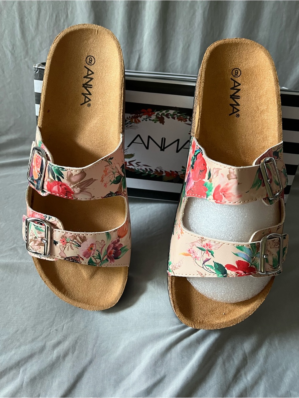 ANNA Pink Floral Double-Buckle Slide Sandals